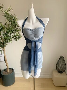 Blue Strapless Bodycon Mini Dress Mesh Wrap Multi-Way Sexy S